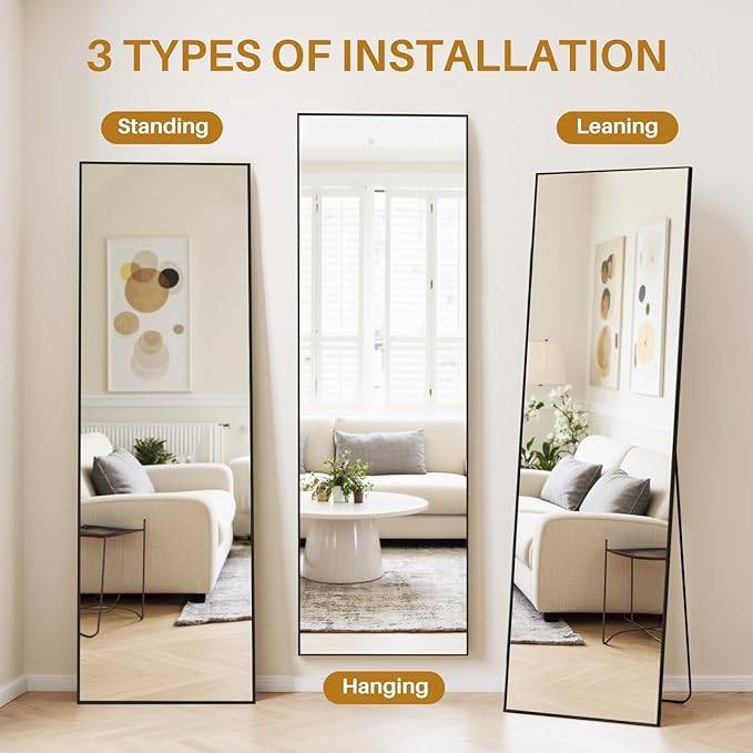Mirror Full Length 59"x16" Rectangle Floor Mirror with Stand, Aluminum Alloy Frame & Shatterproof Glass Full Body Mirror, Freestanding Hanging or Leaning Wall Mirrors for Bedroom Closet Living Room