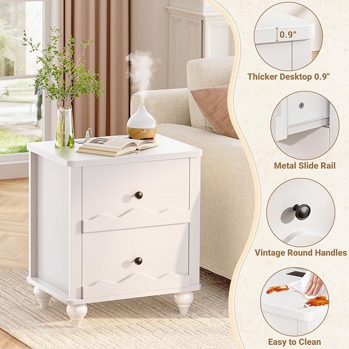 Cyclysio White Nightstand with Charging Station Set of 2, Scalloped Bedside Table with 2 Smooth Drawers, Modern End Table with Solid Wood Legs for Bedroom and Small Spaces