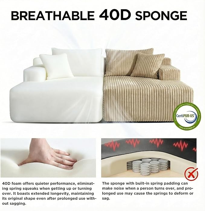 Sytopia Loveseat Chaise Lounge with Armrests, Oversized Sofa Bed with 4 Pillows, Cozy Boneless Sleeper, Modular Sectional Couch for Living Room Bedroom, Floor Chair Furniture sala Corduroy