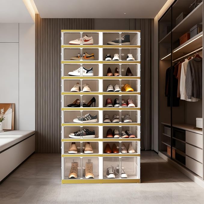 Foldable Shoe Organizer Cabinet Collapsible Shoe Rack, 9 Tier 36 Pairs Shoe Storage Boxes, Folding Shoe Rack with Magnetic Transparent Doors Easy Assembly Shoe Shelves Organizer, White Gold
