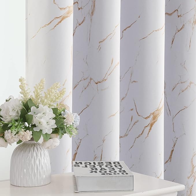 H.VERSAILTEX 100% Blackout Curtains 63 inch Length 2 Panels Set Marble Designs Printed Drapes Thermal Curtains for Bedroom with Black Liner Sound Proof Curtains, Gold