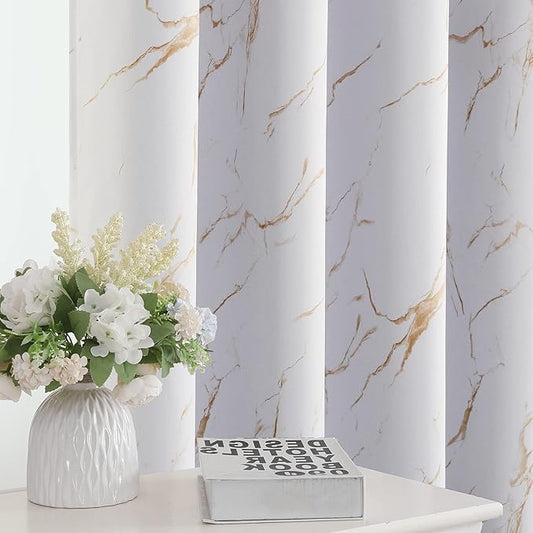 H.VERSAILTEX 100% Blackout Curtains 63 inch Length 2 Panels Set Marble Designs Printed Drapes Thermal Curtains for Bedroom with Black Liner Sound Proof Curtains, Gold
