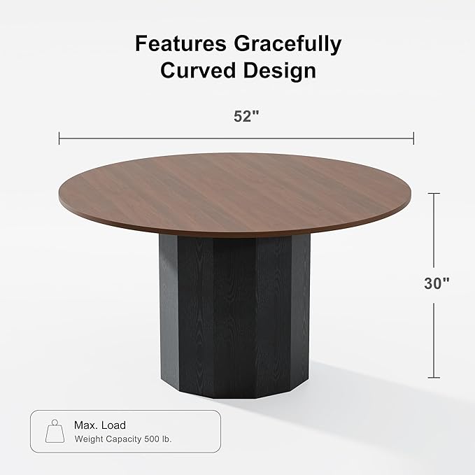 Casaphoria 52" Round Dining Table for 6, Two-Tone Walnut Wood Top and Black Pedestal Base, Modern Farmhouse Style, Dining Table Only