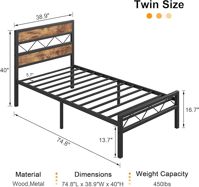 VECELO Twin Bed Frame with Headboard, Metal Platform Bedframe with Heavy Duty Slats Support, No Box Spring Needed, Easy Assembly, Rustic Brown