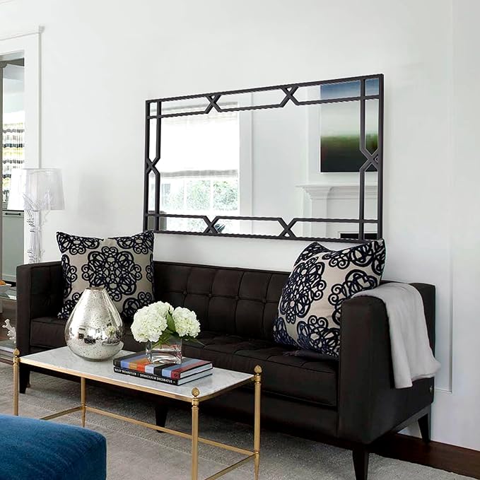 Chende Large Wall Mirror for Decor, 24''x47'' Black Decorative Mirror with Matte Black Metal Pipe Frame, Rectangular, Horizontal/Vertical, Living Room, Bathroom, Entrance