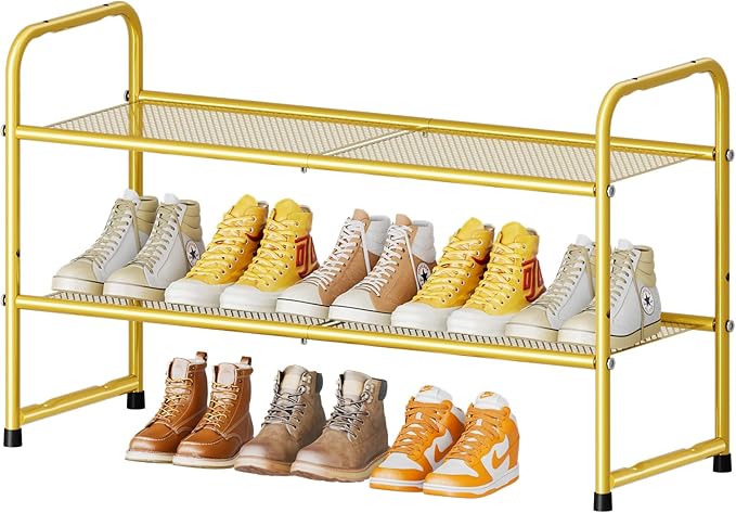 SUFAUY 2 Tier 33" Wide Shoe Rack Closet Metal Mesh, Stackable, Gold