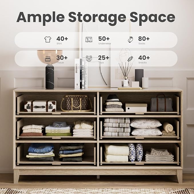 COLAMY Fluted Storage Cabinet with 6 Drawers, 55” Modern Wood Organizer Sideboard, Accent Cabinet with Metal Handles for Living Room, Entryway, Hallway, Oak