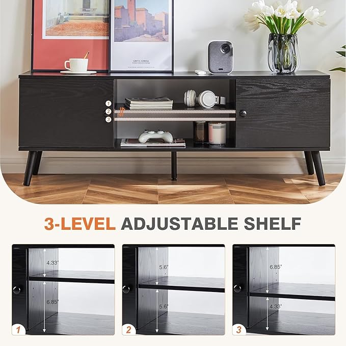 Sweetcrispy TV Stand for 55 60 inch TV, Modern Mid Century Entertainment Center with Storage Cabinet, Media Console Table for Living Room, Soft Hinge, Handle Door, Wooden Office Furniture, Tank