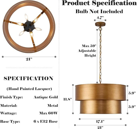 Gold Chandelier Light Fixture, 21" Drum Chandeliers with 2-Layer Antique Bronze Metal Shade, 6-Lights Large Pendant Light Fixture, Chandeliers for Dining Room Bedroom Living Room Kitchen Island Foyer