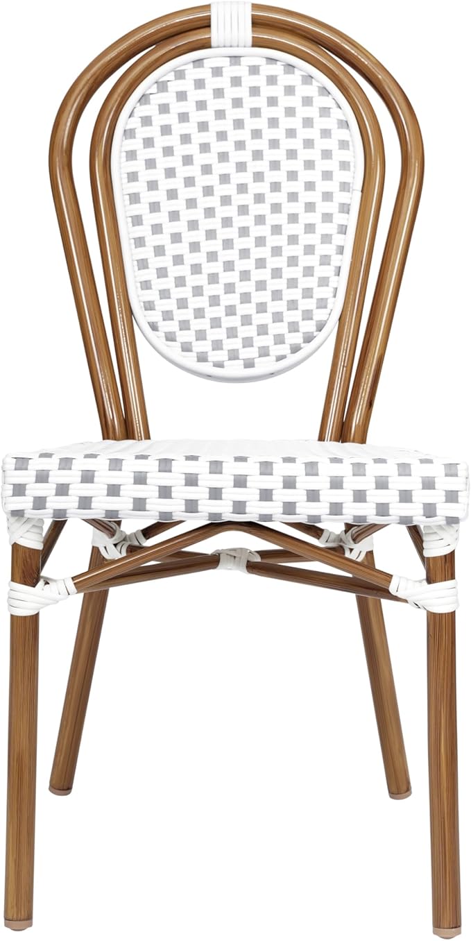 Flash Furniture Lourdes Indoor/Outdoor Commercial Thonet Bistro Stack Chair - White/Gray PE Rattan Back and Seat - Natural Bamboo Print Metal Frame