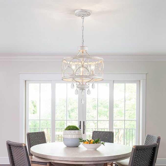 Small Crystal Chandelier, Modern Crystal Chandelier for Dining Room, Rustic Farmhouse White Round Ceiling Pendant Light Fixture for Living Room, Entryway, Hallway, Bedroom, Bathroom