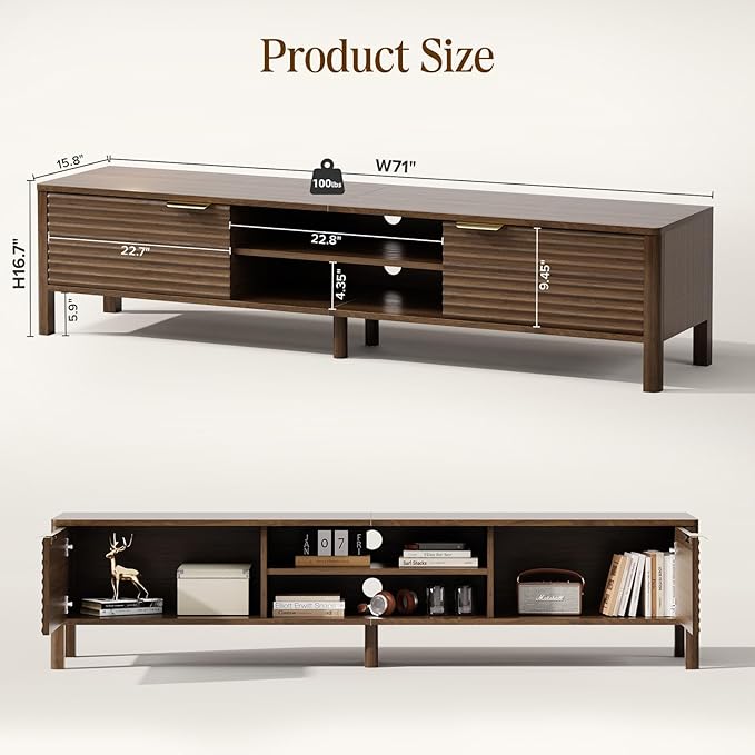 TV Stand for Living Room - up to 80 Inch TVs Mid Century Modern Entertainment Center with Storage and Adjustable Shelves, Media Console Table Walnut 71"