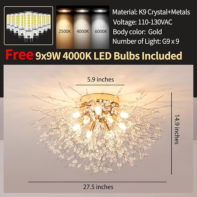 Crystal Flush Mount Ceiling Light Gold Modern Sputnik Firework Close to Ceiling Lamp LED Flower Ceiling Light Fixtures for Living Room Bedroom Kitchen Island Entryway Hallway Foyer 9 G9 Bulbs Included