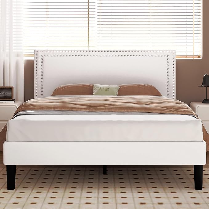 VECELO Full Size Bed Frame with Adjustable Upholstered Headboard, Wooden Slats Platform, Noise-Free Design, Easy Assembly