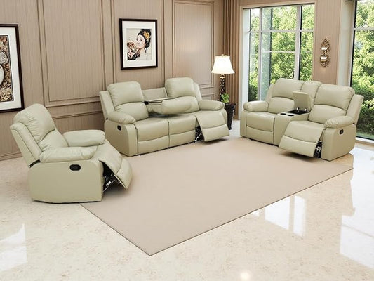 Beige Recliner Sofa Set 3PCS Manual Reclining Sofa Living Room Furniture Sets Contempary Bonded Leather Reclining Couch Set with Cup Holder/Storage Console for Home/Office (Beige, 3PCS Set)