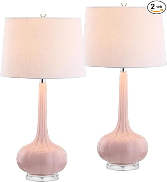 JONATHAN Y 28.5" Pink Glass Teardrop LED Table Lamp Set of 2 for Living Room Bedroom Nightstand, White Linen Shade Modern Transitional Bedside Desk Lamp JYL1079A-SET2