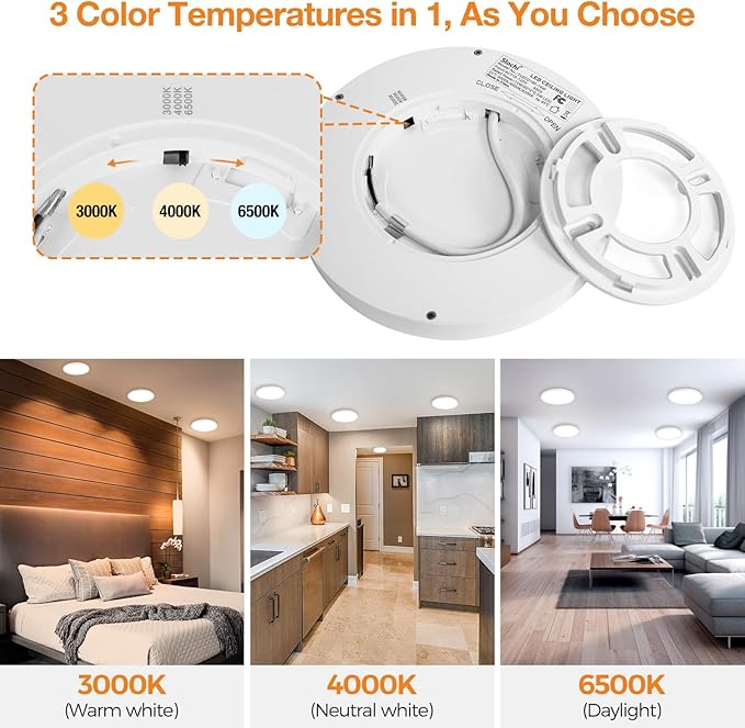 slochi 6Pack Flush Mount Ceiling Light, 7.5inch Super Slim 3000K-4000K-6500K Led Ceilings Light, Round White Ceiling Light Fixtures for Bedroom,Living Room,Kitchen,Bathroom,Hallway,Laundry