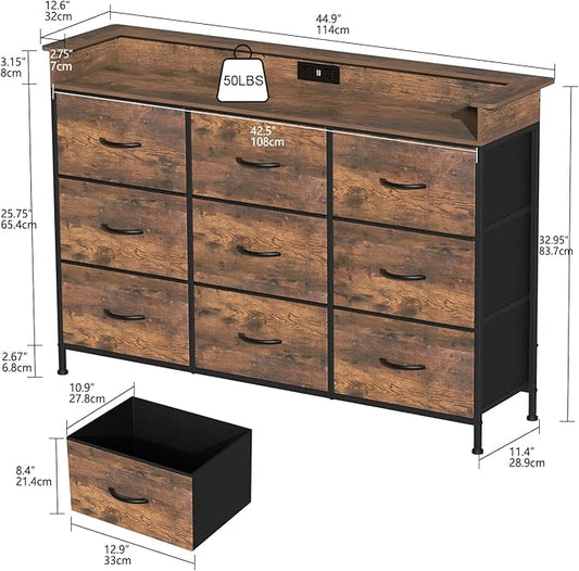 EXOTICA Industrial Dresser for Bedroom with Charging Station and LED Light Fabric Storage Dresser with 9 Fabric Drawers Chest of Drawers for Closet Hallway Sturdy Steel Frame Wooden Top