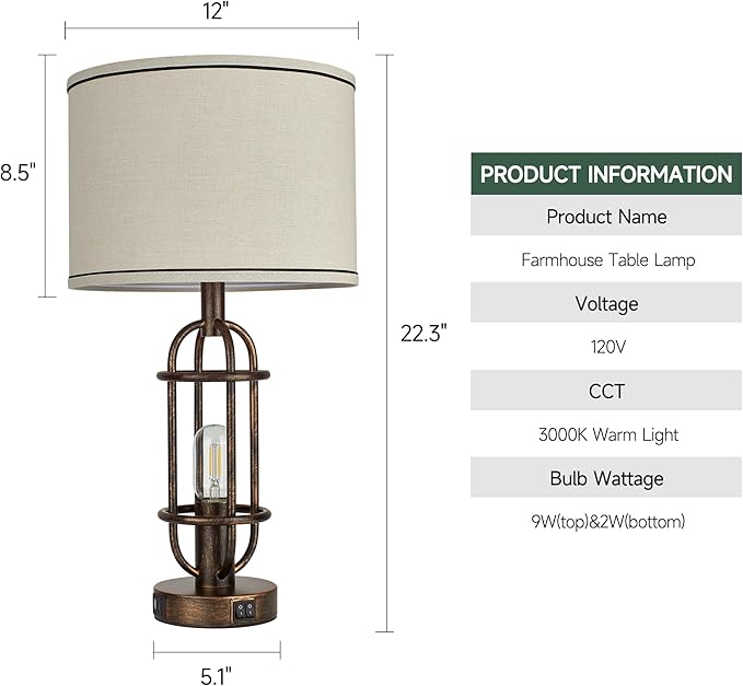 Table Lamps for Living Room Set of 2, 22.3" Farmhouse Lamps for Nightstand, Industrial Table Lamps for Bedroom with USB Ports, Retro Bronze