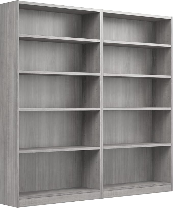 Bush Furniture Universal Tall 5 Shelf Bookcase in Platinum Gray - Set of 2, Matching Storage and Display Bookshelves for Home Office or Living Room Organization