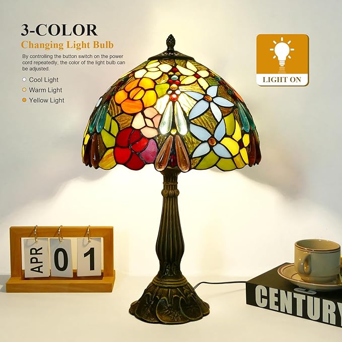 Tiffany Table Lamp 12x12x19 Inch Multi-Color Flowers Style Table Lamp Stained Glass Lamp Bedside Nightstand Reading Desk Light for Bedroom Home Office Decor (LED Bulb Included)