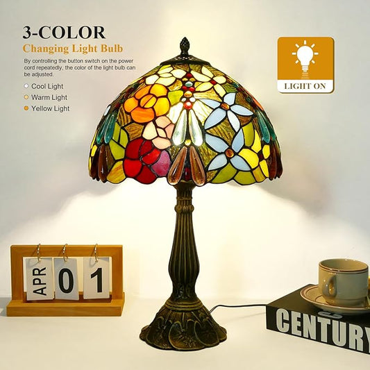 Tiffany Table Lamp 12x12x19 Inch Multi-Color Flowers Style Table Lamp Stained Glass Lamp Bedside Nightstand Reading Desk Light for Bedroom Home Office Decor (LED Bulb Included)