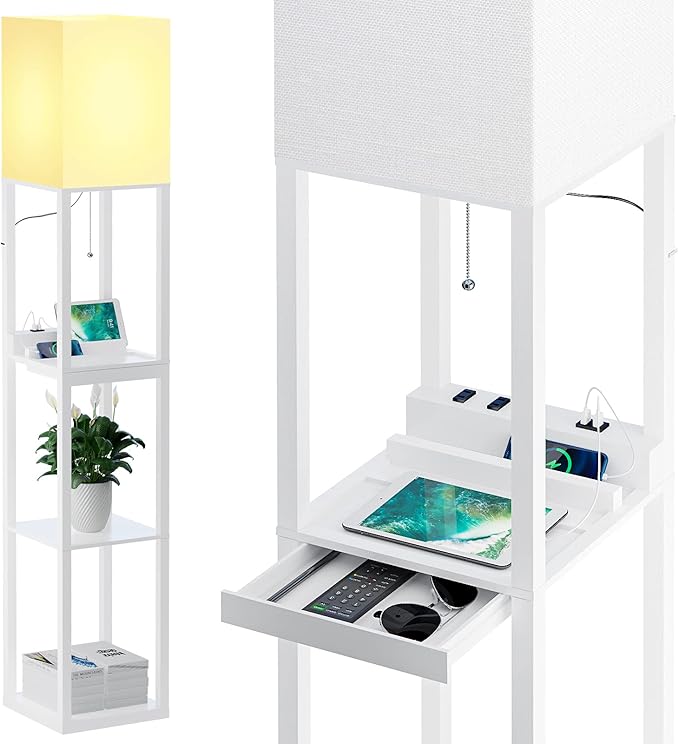 SUNMORY Dimmable Floor Lamp with Shelves,Modern Solid Wood Standing Lamp with 1 Drawer and 2 USB Ports & 2 Power Outlet,Corner Tall Bookshelf Lamp for Living Room and Bedroom(White)