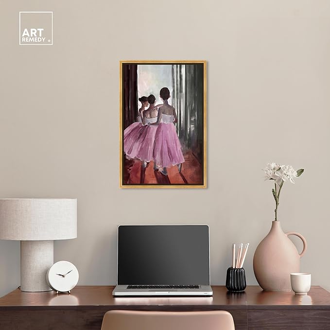Art Remedy Little Girls Ballerinas Canvas Classic Vintage Wall Art, Gold Frame, 16" x 24"