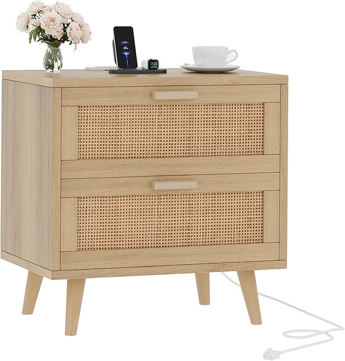 Rovaurx Rattan Nightstand with 2 Drawers, 23.6" Wide Bedside Table Night Stand with Charging Station, End Table for Bedroom, Boho Side Table with Solid Wood Legs for Bedroom, Modern Natural RCTG111ME
