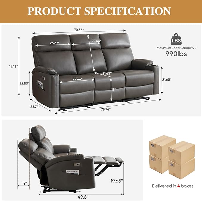 3 Seater Recliner Sofa Power Reclining Sofa,Power Recliner Couch 3 Seats with Extended Footrest for Living Room (Charcoal Gray)
