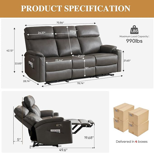 3 Seater Recliner Sofa Power Reclining Sofa,Power Recliner Couch 3 Seats with Extended Footrest for Living Room (Charcoal Gray)