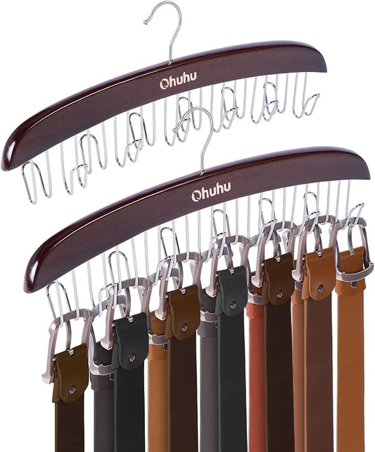 Belt Hanger Organizer for Closet: Ohuhu 2 Pack 12 Hooks Max 36 Belts Tie Rack Wooden Belt Holder for Storage 360 Degree Rotating Space Saver Organizer for Men Women Belt Tie Scarf Accessories-Walnut