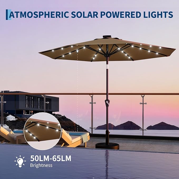 Garvee 10FT Solar Patio Umbrella with 32 LED Lights - Outdoor Table Umbrella with Crank Lift, Push Button Tilt and 8 Sturdy Ribs - Market Umbrella UV Protection for Pool, Deck, Yard, Garden -Tan