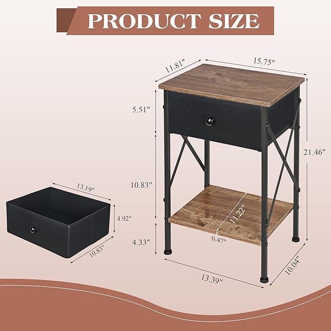 VECELO Nightstand Set of 2, X-Design End Side Table with Fabric Storage Drawer and Open Shelf, Bedside Night Stand with Steel Frame for Bedroom, Living Room,Dorm, Easy Assembly, Walnut Brown