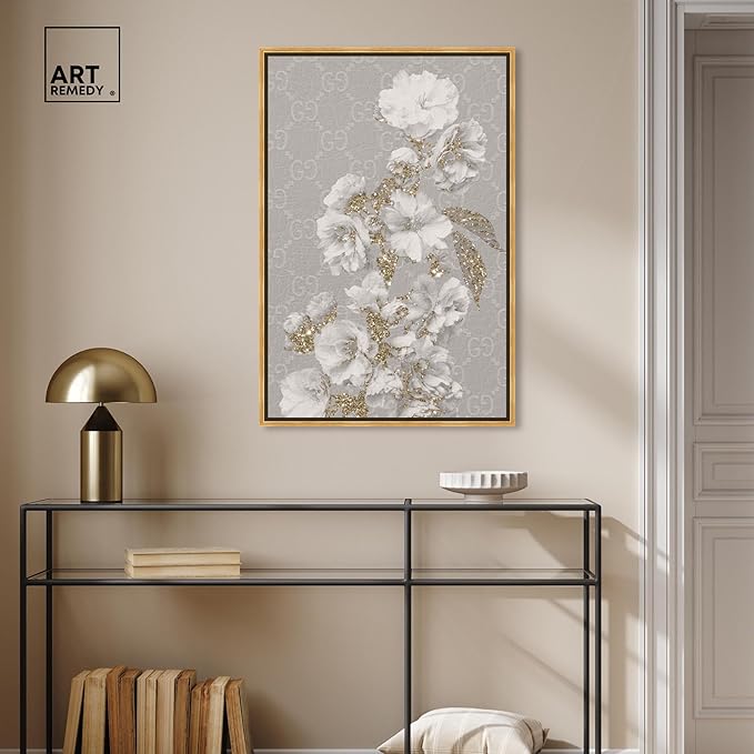 Art Remedy Floral in Classic Fashion Canvas Delicate Farmhouse Wall Art, Gold Frame, 24" x 36"