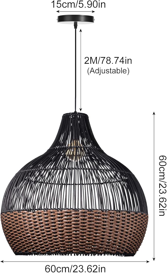 Arturesthome 1 Light Rattan Pendant Light Fixtures,Wicker Boho Black Basket Chandelier, Large Natural Woven Ceiling Hanging Lamp for Kitchen Island Dining Room W 23.5"*22.7"