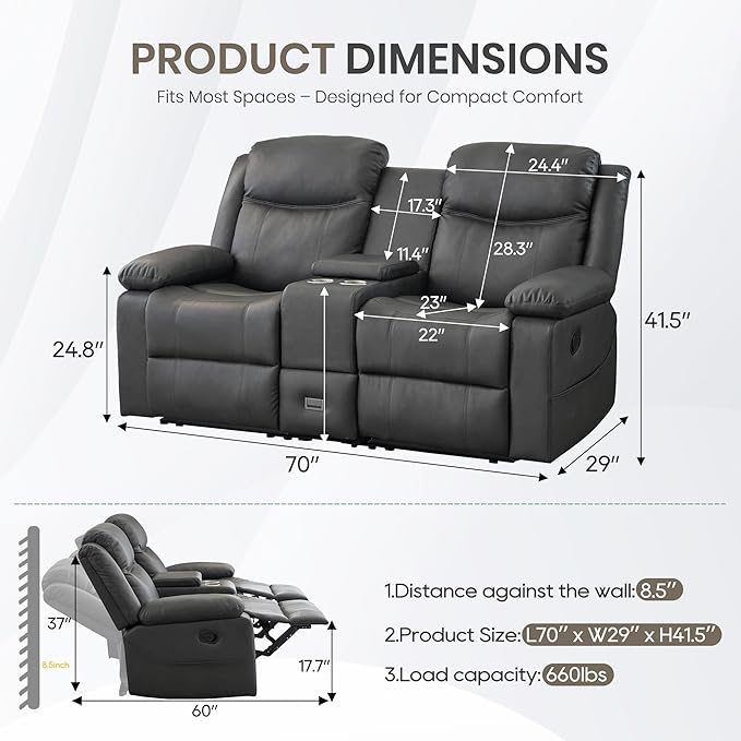 Manual Reclining Loveseat with Massage and Heat, Double Recliner Sofa with Center Console, Cup Holders & Storage for Living Room, RV (Grey)