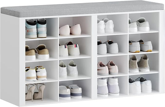 Shoe Bench with Cushion, Entryway Storage Bench with 16 Cubbies, Cubby Shoe Rack with Adjustable Shelves, Shoe Organizer Cabinet for Living Room, Bedroom, Entryway, White SB25603GY