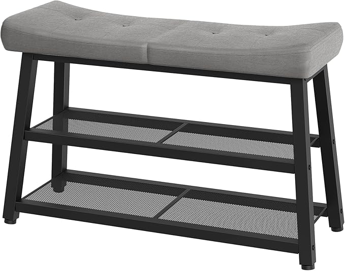 Shoe Bench, 3-Tier Shoe Rack, Entryway Bench with Storage and Cushion, for Hallway, Foyer, Bedroom, Gray and Black HX02BG