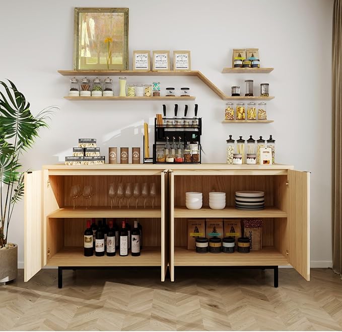 MUUEGM Buffet Cabinet with Storage, 58" Fluted Sideboard Kitchen Storage Cabinets with Shelves and 4 Doors, Modern Wood buffets & Sideboards for Dinging Room, Living Room, Natural Storage Cabinet