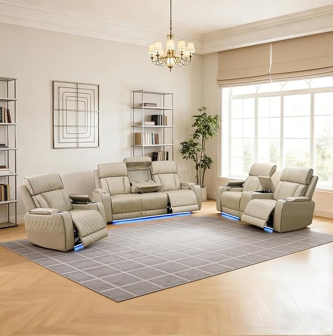 Power Reclining Sofa Set for Living Room, Leather Recliner Couch Set with Drop-Down Table, Power Pads, Cup Holders, Storage Console for House/Home Teather(Sofa, Loveseat and Chiar, Beige)