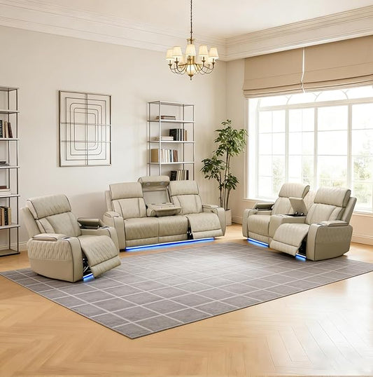 Power Reclining Sofa Set for Living Room, Leather Recliner Couch Set with Drop-Down Table, Power Pads, Cup Holders, Storage Console for House/Home Teather(Sofa, Loveseat and Chiar, Beige)