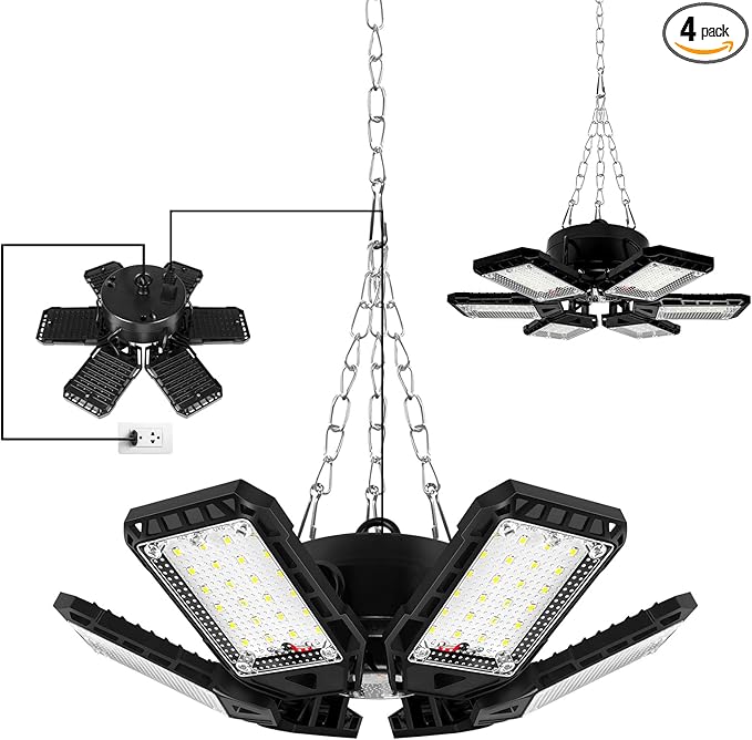 LED Garage Lights 4 Pack -180W, 18000LM 6500K Led Shop Light with 6+1 Deformable Panels, Basement Barn Light Garages Ceiling Lights, E26/E27 for Garage, Warehouse, Shop, Basement