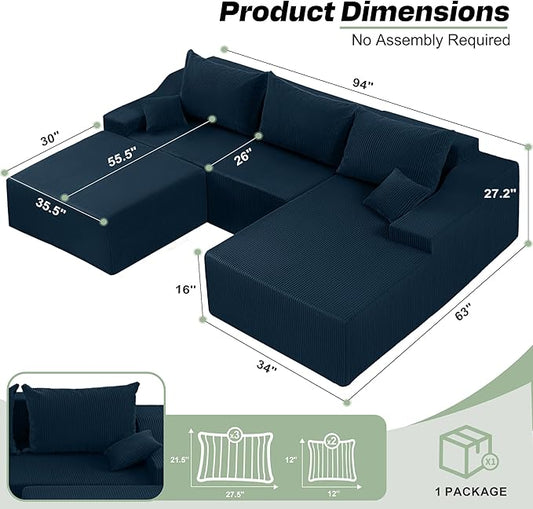 HABUTWAY U Shaped Modular Sectional Couch for Living Room, Modular Cloud Sofa with Ottoman, No Assembly Boneless Couches with Deep Seat, Corduroy Fabric (Blue, Right Facing)