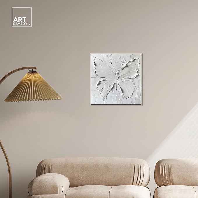 Art Remedy White Butterfly Canvas Elegant White Gold Wall Art, Silver Frame, 20" x 20"
