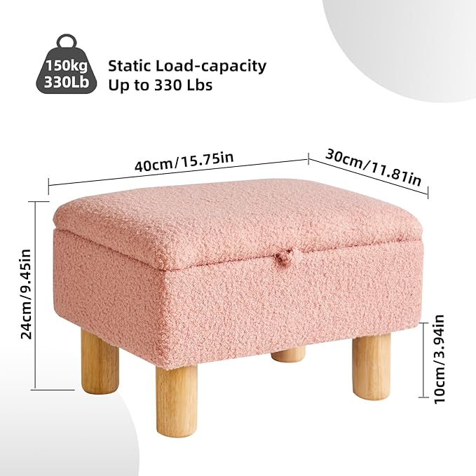 Teddy Velvet Small Ottoman Foot Rest, Foot Stools with Storage Small, Upholstered Rectangle Wood Ottoman with Safety Hinge Flip Top, Bed Stool for Bedroom Dorm Teddy Pink YD-JD136P