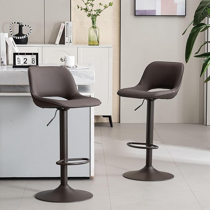 YOUNIKE Bar Stools Set of 2 Modern Swivel Barstools, Compact Adjustable Counter Height Bar Stools Faux Leather Upholstered Counter Stools with Hollow Back for Kitchen Island, Brown