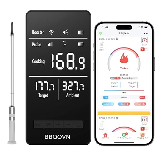 Smart WiFi Wireless Meat Thermometer, Sub-1G Long Range 1000FT, 7 NIST Certified Sensors in 1 Thin Probe ±0.5℉ Accuracy, Standalone Base with Large LED Screen for BBQ Grill Smoker Oven-White
