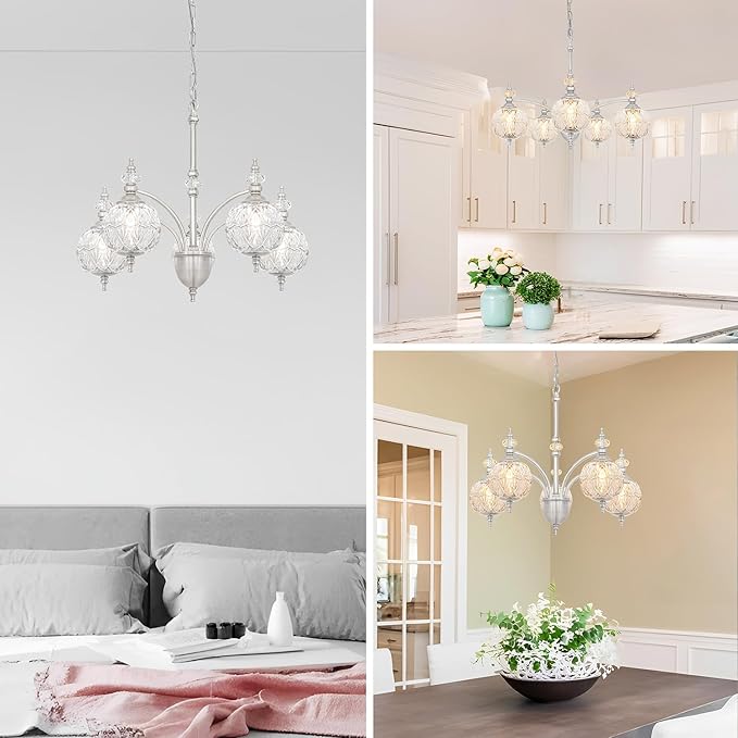 Vintage Brushed Nickel Chandelier - Adjustable Height Dining Room Light Fixture with Handcrafted Blown Glass - 5-Light E26 Base, Ideal for Kitchen, Entryway, Enhances Luxury Home Decor for Discerning