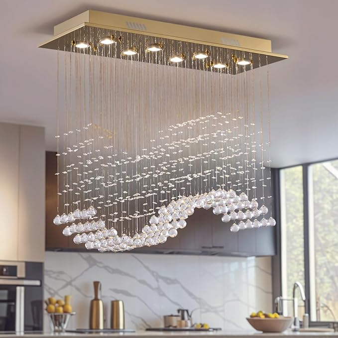 Siljoy Gold Rectangle Crystal Chandelier for Dining Room, 31.5'' Modern Wave Raindrop Crystal Chandelier, 8-Light Luxury Rectangular Pendant Ceiling Light for Living Room Kitchen Island
